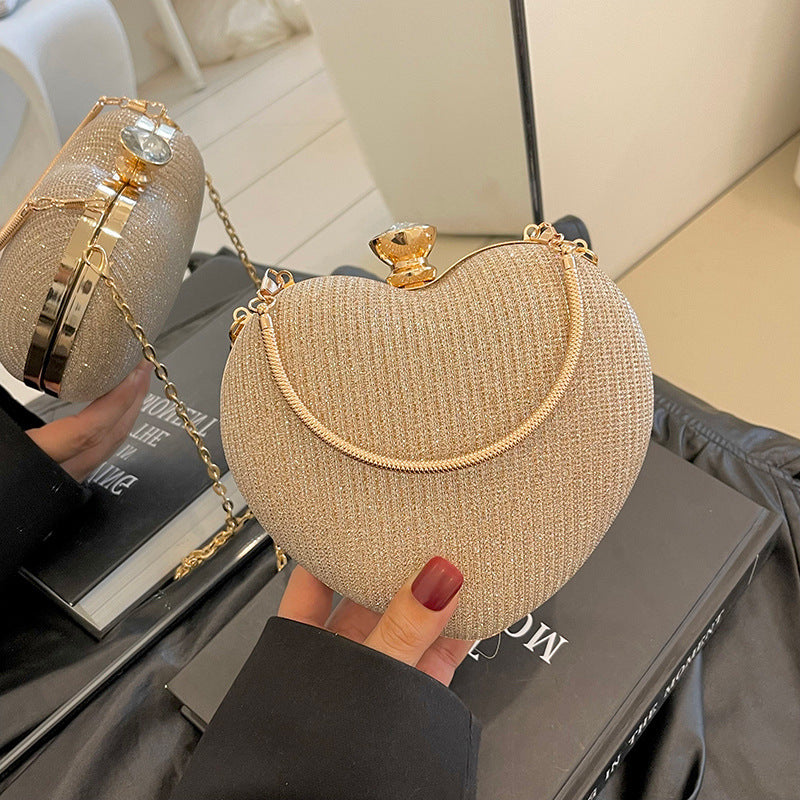Ladies Fashion Shining Chain Crossbody Bag, Elegant Shoulder Heart Shaped, Metal Embellished, Black, with Buckle Closure, for Party, Wedding, Date